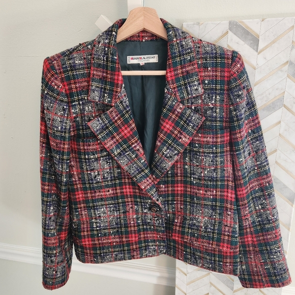 YSL Saint Laurent Rive Gauche Paris Vintage Tartan Tweed Blazer 1970s Euc - Picture 3 of 16